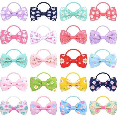 20 Pcs/lot Print Flower 2.7 inch Grosgrain Ribbon Elastic Hair Bows for Baby Kids Girls New Handmade Bowknot Hair Accessories