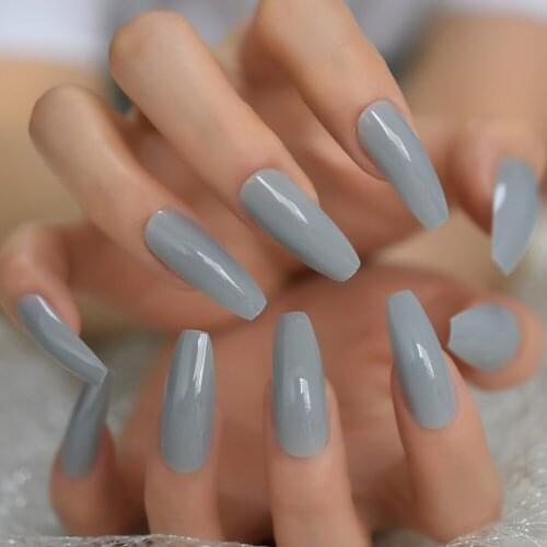 Glossy Gray Coffin Press on False Nails Extra Long Ballerina Shape UV Gel Cover Fingersnails Free Adhesive Tapes 24pcs/kit