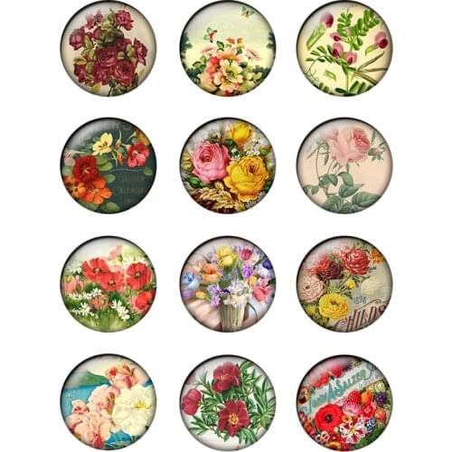 24pcs/lot 10/12/14/16/18/20/25mm Vintage Flower Rose Handmade Photo Glass Cabochons Pattern Dome Jewelry Making Findings T144