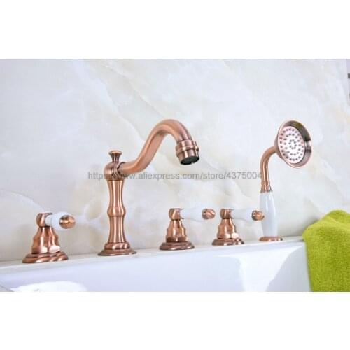 Antique Red Copper Roman Bathtub Mixer Faucet Set with Handheld Shower Deck Mounted 5 Holes Hot and Cold Taps Ntf227