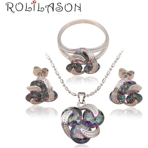 Top quality Design Elegant Set silver stamped Inlay Mystic Fashion Jewelry set Pendants Earrings Ring sz #6 #7 #8 #9 MS033