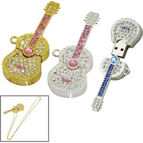 Diamond Crystal Guitar 8GB 16GB 32GB 64GB Jewelry Necklace Metal USB Flash Memory Drive U Disk Necklace Usb Flash Drive Storage