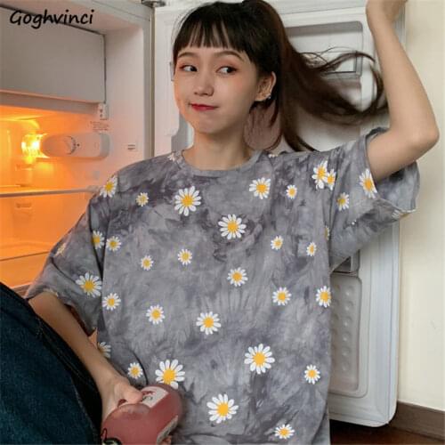 T-shirts Women Short Sleeve O-neck Floral Harajuku Kawaii Sweet Young Girls Korean Style Loose Casual All-match Trendy Chic Tops