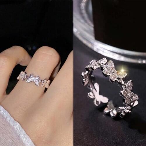 Elegant Crystal Butterfly Rings Female Korean Simple Luxury Zircon Casual Ring Index Finger Opening Ring for Women Accessories