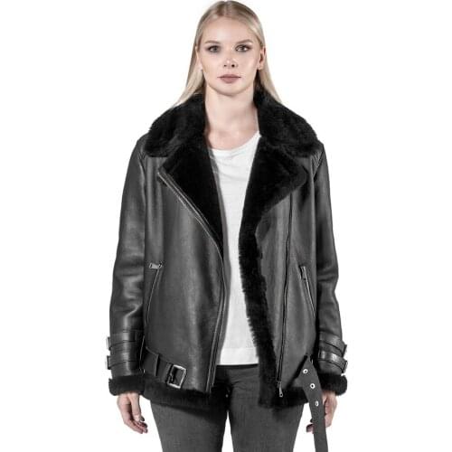 Women Autumn Winter Classic Bomber Jacket Warm Fashion Shearling Coat Sheepskin Jacket