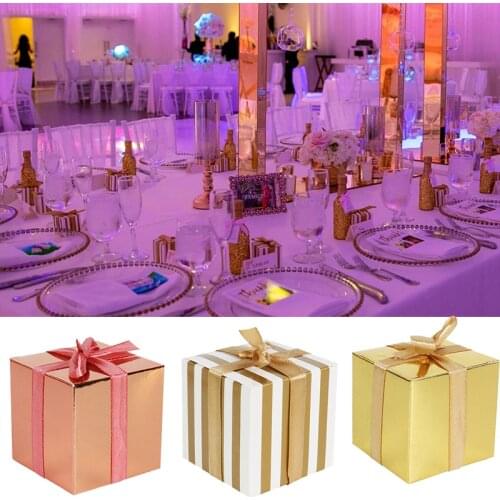 Small Gift Box Bulk Candy Boxes with Ribbons 2x2x2 inch Gold Striped Box Party Favors for Wedding Baby Shower Birthday Supplies