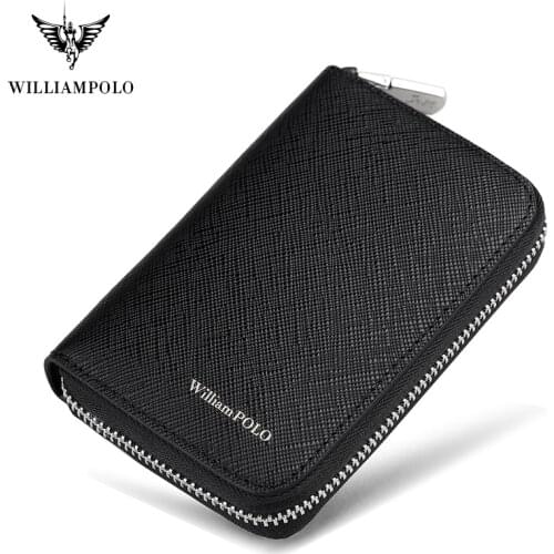 WILLIAMPOLO Brand Men wallet Credit Card Holder 100% Cowhide Zipper purse Leather Wallet Small fashion style Men Leather wallets