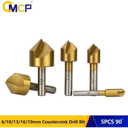 5pcs 90 Degree 6/10/13/16/19mm Countersink Drill Bit Set Carbon Steel Round Shank 1 Flute Drill Bit Wood Chamfering Cutter