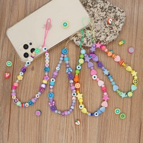 2021 New Ins Trendy Colorful Smiling Beads Chain Mobile Phone Chain Anti-lost Handmade Acrylic Cord Lanyard For Women