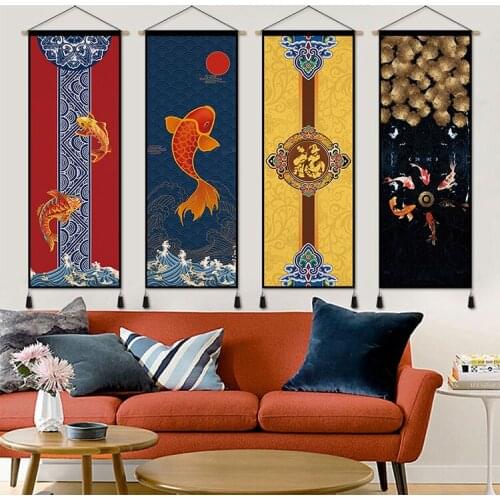New Chinese Style Canvas Hanging Painting Home Decor Wooden Scroll Living Room Wall Art Printed Poster Room Decor Wall Paintings