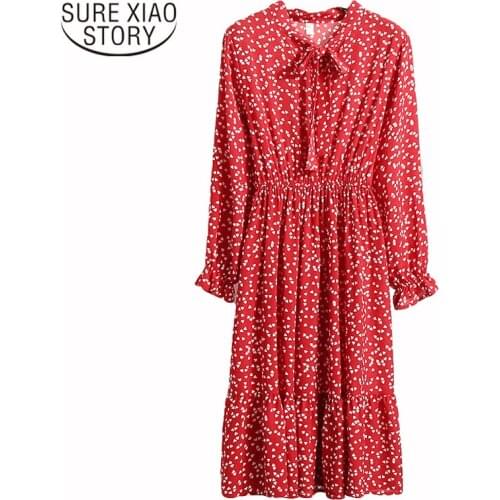 Floral Dresses Elastic Waist A-line Long Sleeve Flare Sleeve Dress Mid-calf Dress Autumn New Fashion Women Chiffon Dress 7145 50
