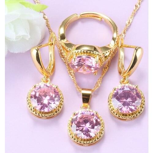 Sales With Free Shipping Clearance Gold Color Jewelry Sets For Women-Girl Fashion Costume Round Pink Zircon Necklace Sets