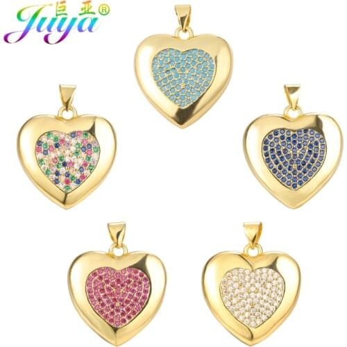 Juya Handmade Micro Pave Cubic Zirconia Gold Love Heart Charms For DIY Fashion Pendant Bracelet Necklace Earrings Making