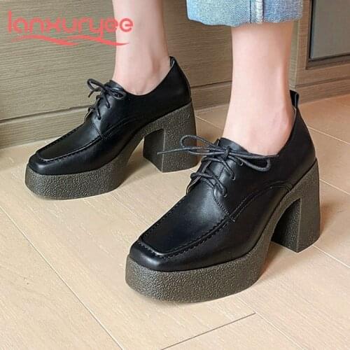 Lanxuryee full grain leather brand shoes square toe super high heels platform young lady casual lace up modern women pumps L90