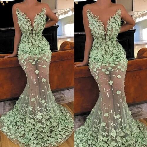 SuperKimJo Abiti Da Cerimonia Da Sera Mint Green Lace Evening Dresses Long Mermaid 3D Flowers Elegant Sexy Formal Dress 2020