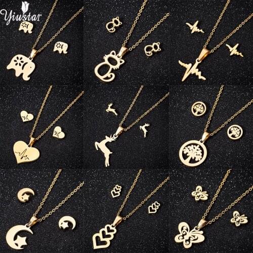 Yiustar Gold Color Stainless Steel Jewelry Set Trendy Elephant Monn Necklace Pendant Earrings Jewelry Set For Women Gifts