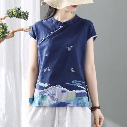 Chinese Style Harakuju Women Embroidery Short Sleeve Blouse China Traditional Tang Suit Tops Casual Vintage Hanfu Shirt Clothing