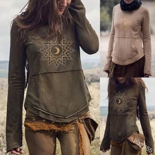 Halloween Costumes for Women Cosplay Print T-shirt Long Sleeve Medieval Vintage Gothic Punk Renaissance Party Top Clothing