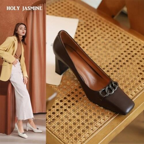 Metal Decoration Shoes Woman Heels Genuine Leather High Heels Pumpr for Women Elegant Working Causal Women Shoes 2021 Spring New