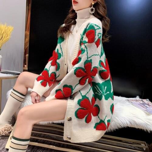 Autumn Winter Vintage Print Cardigan Sweater Women Elegant V-neck Loose Knitted Jacket Sweaters Oversize Coat Casual Outerwear