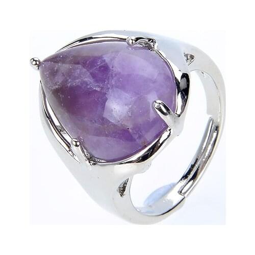 New Silver Plated Water Drop Resizable Natural Amethysts Opal Lapis Stone Ring for Women Girl Party Jewelry Chakra Wedding Rings