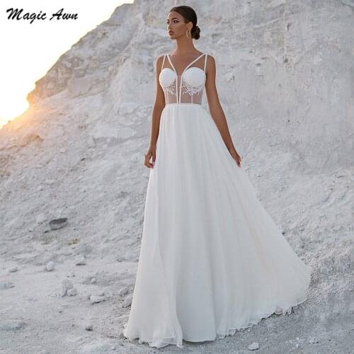Magic Awn Charming Wedding Dresses 2021 Boho Spaghetti Straps Illusion Lace Appliques Organza Bridal Gowns A-Line Vestidos Novia