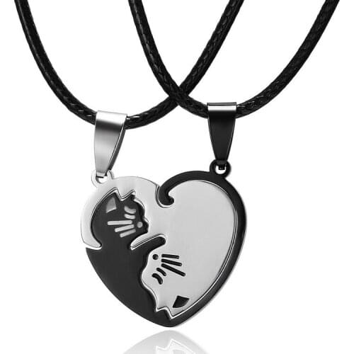 1 Pair Splice Cat Couple Necklace Stainless Steel Love Heart Round Yin Yang Pendant Necklace Fashion Jewelry Unisex Gift