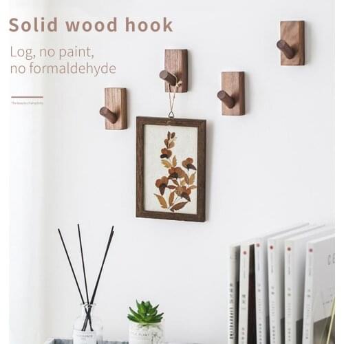 4pcs Solid Oak Wooden Wall Hook + Nail free adhesive Storage Rack Wall Mounted Clothes Hat Bag Hooks Home Decoration Accessories