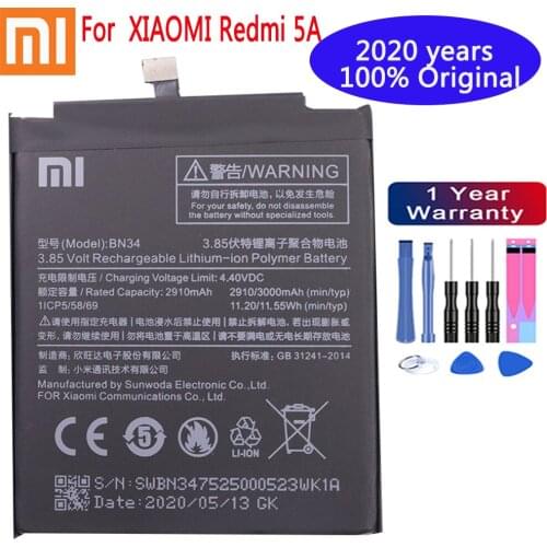 2020 years Original Battery for XIAOMI Redmi 5A Battery BN34 Replacement Battery 2910mAh High Capacity Phone Batteries + Tools