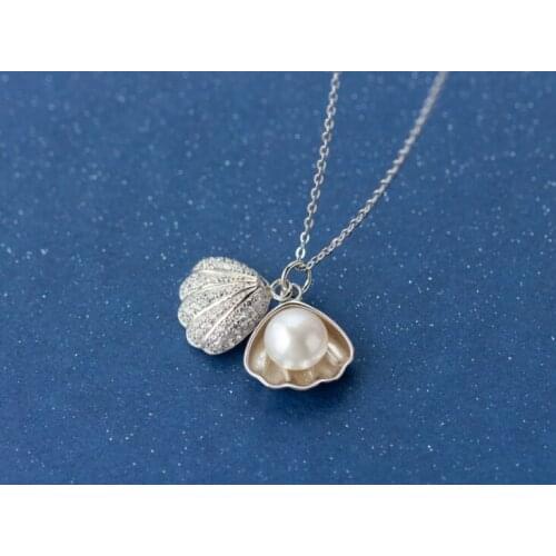 INS 15MM 100% Authentic 925 Sterling silver pendant pearl into the SHELL SHAPE Necklace FINE Jewelry X1251