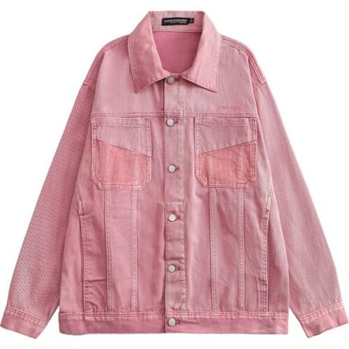 2021 Fall Winter Boyfriend Pink Denim Jacket for Women and Men Japanese Harajuku Streetwear Oversized Black Jean Jacket Coat