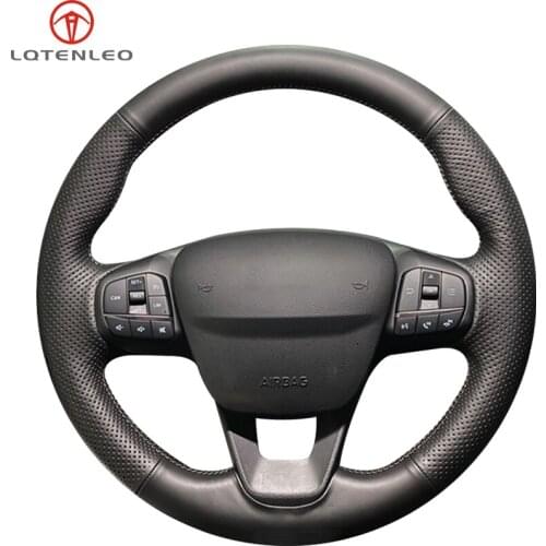 LQTENLEO Black Genuine Leather Car Steering Wheel Cover For Ford Focus 4 Escape 2019 2020 Fiesta Tourneo 2018-2020 Escort Puma