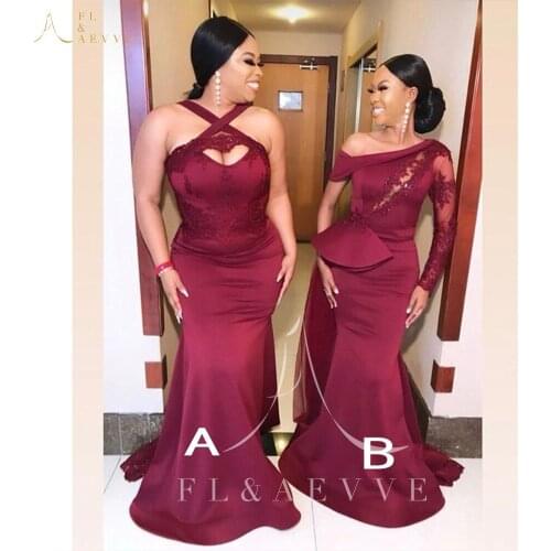 Fashion Burgundy Satin Long Sleeve Bridesmaid Dresses for African Women Occasion Gowns Appliques Mermaid Wedding Party Dress