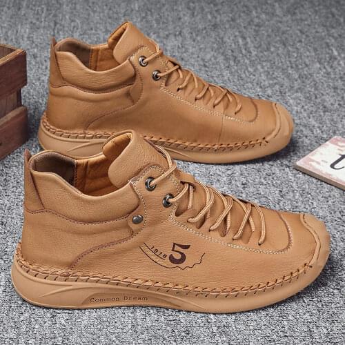 High Top Leather Men Shoes Fashion Platform Mens Sneakers Autumn Walking Casual Shoes Man Lace Up Warm Fur Shoes Male Tennis V2