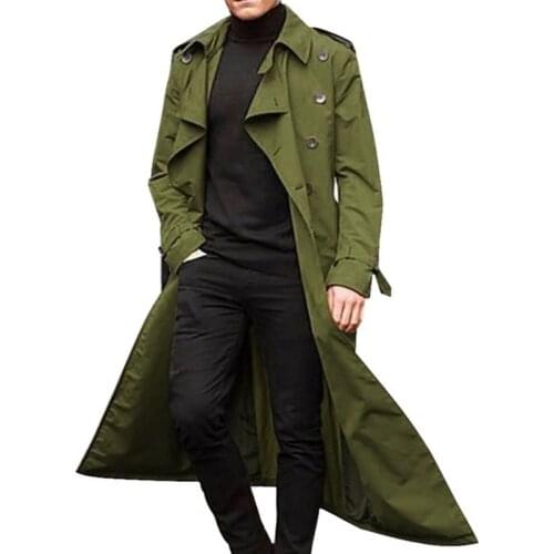 Men Casual Long Coat Double Breasted Turn Down Trench Coat Solid Color Long Sleeve Windbreaker Jacket Fashion Male Outwear