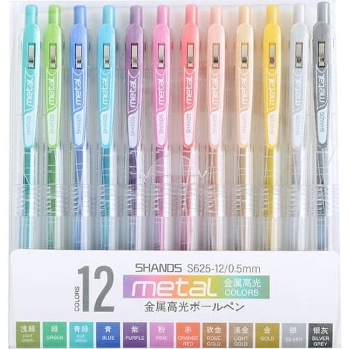 12 Colors Metallic Highlight Pen Set 0.5mm Push-type Gel Pens School Stationery High Capacity Hand Account Pen Illustrator Pens