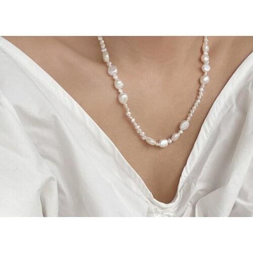 Real pearl 6x7mm flat beads 10mm white baroque pearl mixed necklace natural Freshwater PEARL Women Jewelry