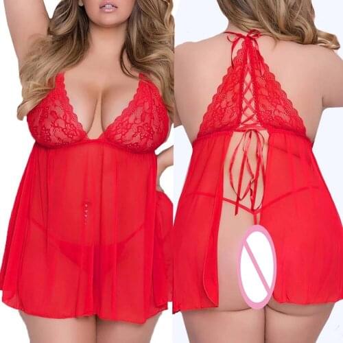 Red M-XXXL Lace Nightgown Women Sleepwear Pyjamas Negligee Nightdress Sexy Bathrobe Female Babydoll Home Clothes Nightgown