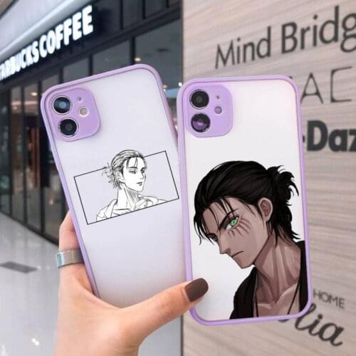Attack on Titan Eren Jaeger Phone Case For iPhone 12 11 Mini Pro XR XS Max 7 8 Plus X Matte transparent Purple Back Cover