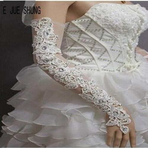 E JUE SHUNG Long Fingerless Wedding Gloves Bridal Gloves Ivory Lace Appliques Crystal Wedding Accessories