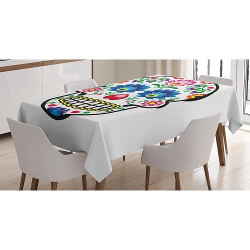 Polish Folkloric Art Style Mexican Sugar Skull Design Carnival Theme Custom Table Cover for Dining Room Kitchen Decor
