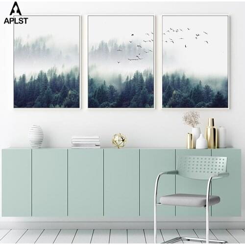 Nordic Foggy Forest Poster Nature Trees Birds Print Painting On Canvas Landscape Wall Art Living Room Bedroom Home Decor Picture