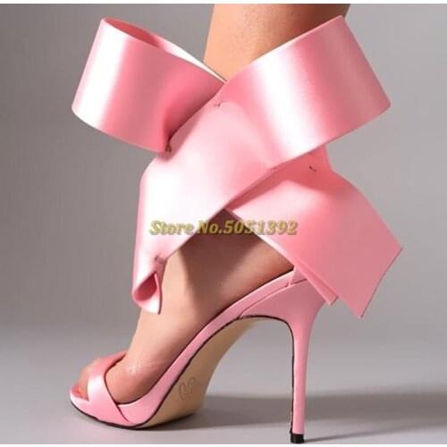 Stylish Pink Thin High Heel Sandals Open Toe Patent Leather Butterfly Knot Runway Sandals Satin Purple Blue Dress Women Sandals