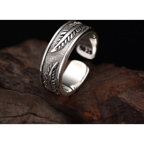Silver S925 Sterling Silver Retro Thai Silver Feather Carving Ring, Personalized Joker, Ladys Opening Ring Wholesale