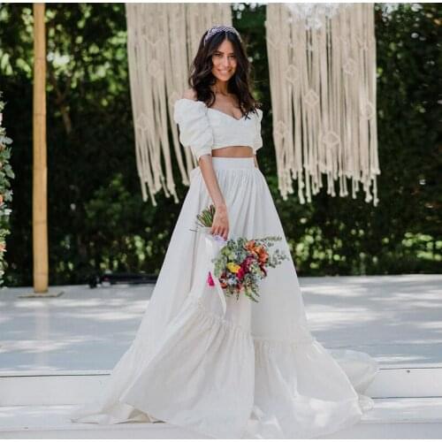 Two Pieces Short Sleeve A Line Wedding Dresses Pleat Bow Tie Vestido De Novia Bohemian Bridal Gowns