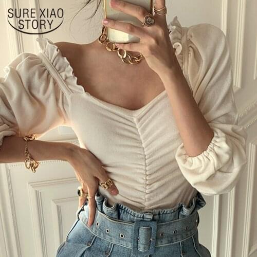 Spring New Sexy Square Collar Blouse Women Elegant Splicing Pleated Puff Sleeve Shirt Lady Chic Curled Slim Solid Shirts 12904