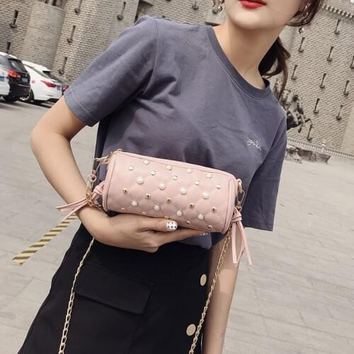 BENVICHED women 2021 pearl rivet diamond chain Cylindrical shape pillow bag fashion tassels small single shoulder bag c122