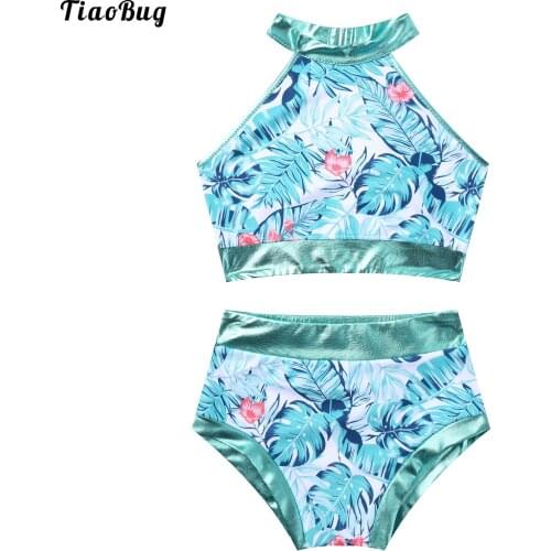 2021 Summer Kids Girls Halter Bikini Suit Tankini Palm Leaves Print Swimsuit Swimwear Bathing Suit Set Top With Bottoms Set