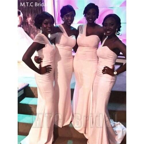 New Arrival Blush Pink African Bridesmaid Dresses One Shoulder Mermaid Long Black Girl Wedding Guest Dress Plus Size Women Gowns