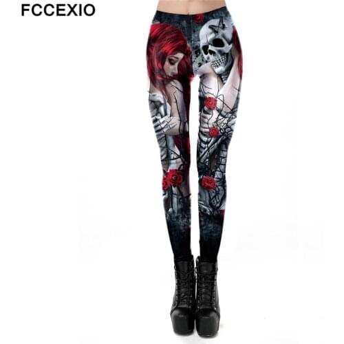 FCCEXIO Ghost Mother Skeleton Print Halloween Tight Leggings Sports Women Fitness Sexy Skinny Leggins Pant Women Party Long Pant